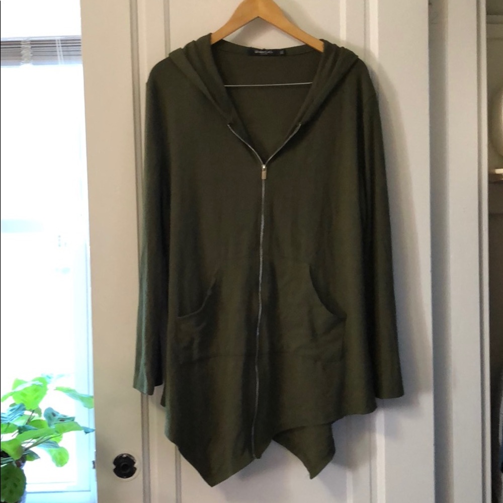 Olive green asymmetrical hoodie.